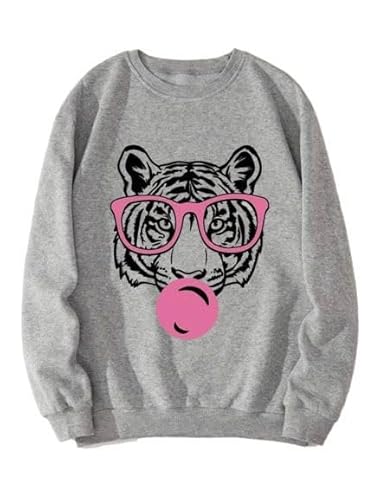 Women Sweatshirt Animal Print Pullover Crew Neck Ladies Top-Grey Animal-M