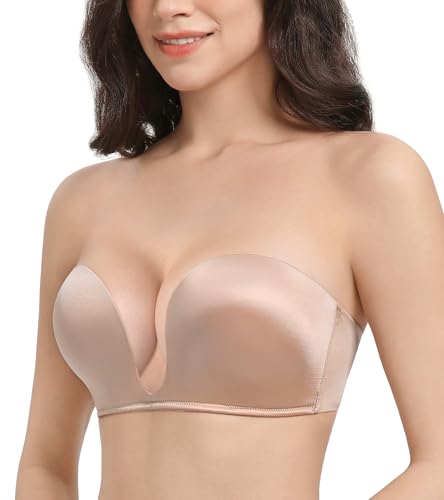 Lemorosy Women's Deep V Plunge Red Carpet Convertible Push Up Strapless Padded Bra -Low Cut Sexy U Shaped3