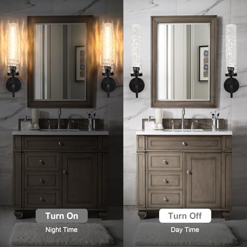 Image of Brass Knurled Bathroom Sconces Set of 2, 19.5 Inch Black Vanity Light Fixtures with Water Ripple Glass Tube Modern Wall Lamp for Bathroom Mirror Bedroom Living Room Hallway