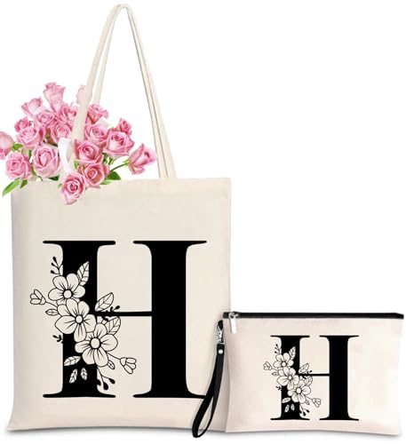 Personalized Initial Tote Bag for Women - Monogrammed Bags with Makeup Gift Bag for Wedding, Birthday, Teacher, Mother's Day