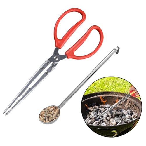 Gettimore Juego de pinzas de fuego y cuchara de pellets de hierro, herramientas de chimenea de calor con cuchara de porción de 50 ml Mesa XL y camping