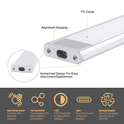 Image of LIT-PaTH 11.8 Inch Under Cabinet Light with Hand Wave, Plug-in Under Counter Lighting, Dimmable & 3 Color Temperature, LED Magnetic Closet Lights for Kitchen, Silver Finish