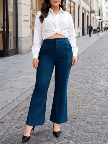 Charming Ashley Plus Size Women's Wide Leg Dress Pants - Slacks for Business Casual, Work Clothes for Office Blue-Green — view 3