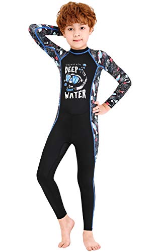 Image of Youth Girls Boys One Piece Water Sports Sun Protection Rash Guard UPF 50+ Long Sleeves Full Suit Swimsuit Wetsuit Swimwear, Boy-black, 7-8 Years