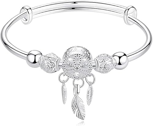 Image of VOMONO Ladies bracelet Adjustable 925 Sterling Silver Dream Catcher Tassel Feather Round Bead Charm Bracelet Bangle For Women Elegant Jewelry Well-designed, (Color : Silver)