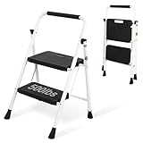 Step Ladder, Portable Steel Folding Step Stool with Wide Anti-Slip Pedal & Convenient Handgrip, 500lbs Sturdy Steel Ladder, 2-Step, White