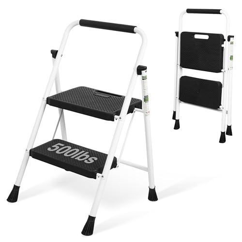2-step portable steel folding ladder with wide anti-slip pedals