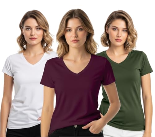 Image of JUNEBERRY Women's Cotton Lycra Regular Fit V- Neck Solid Core Half Sleeve Combo T-Shirt (Pack of 3)