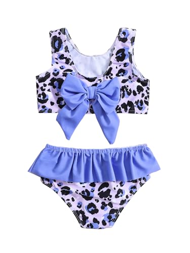Image of Girl's 2 Piece Bikini Set Leopard Print Swimsuit Ruffle Bow Bathing Suit Teens Girls Purple 110