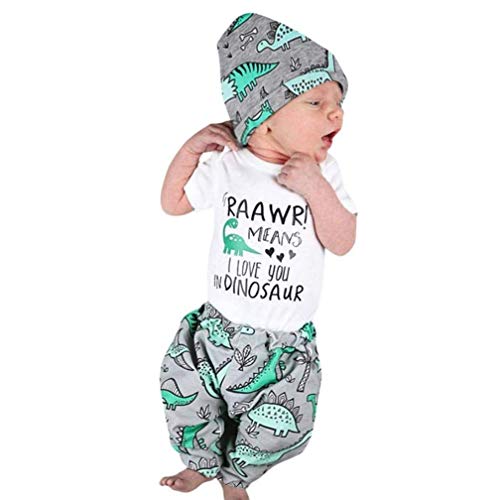 Clearance Toddler Baby Girls Boys 3Pcs Cartoon Romper Casual Outfits Set Dinosaur Letter Printed Newborn Sleepwear Tops +Pants +Hat (White, 0-6 Months)