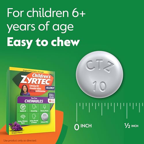 Zyrtec Children's Dye-Free Chewables for 24 Hour Allergy Relief, 10 mg Cetirizine Hydrochloride Antihistamine Tablets, Kids Allergy Medicine Relieves Sneezing & Itchy Throat, Grape, 24 ct - image 6
