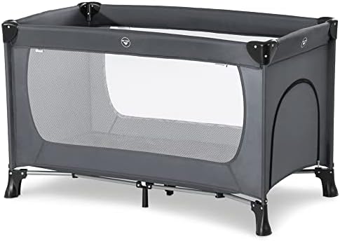 Hauck Dream'n Play Plus Compact Foldable Travel Cot For Babies And Toddlers Up To 33 Pounds, With Side Hatch and Transport Bag Included, Grey