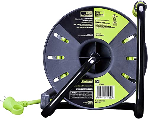 Masterplug Power At Work Four Power Outlets, Open Cord Reel With Winding Handle, Overload Circuit Breaker And Power Switch, 80 Feet 14Awg, High Visibility Cord, Green #TOP1