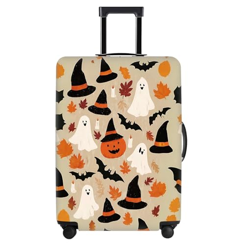 Image of Halloween Luggage Cover - Ghost Pumpkin Bat and Witch Hat Design - Festive Travel Suitcase Protector - Fits 24 to 26 Inch Luggage,M
