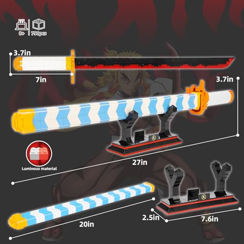 Image of TOY PLAYER Demon Sword Toy Building Set, Rengoku Kyoujurou Sword with Scabbard and Stand, Katana Building Set, Gift for Anime Fans (792 Pcs)