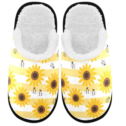 visesunny Funny Slippers for Women Men Soft Plush Warm Fuzzy Winter holiday slippers Sunflower Bee White Yellow Stripe Cozy House Slippers Comfy Bedroom Slippers Indoor Outdoor Shoes