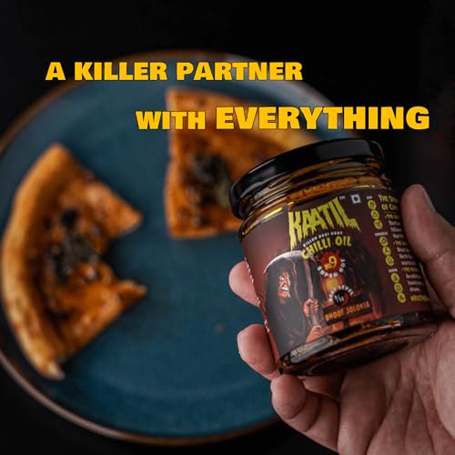 Image of Kaatil Hot Chilli Oil No.9 | Super Hot Bhoot Jholokia Chilli Garlic Crisp | Dip, Drizzle, Spread, Marinade, Coat, Saute, Stir-fry | Flavourful Heat | Made in India | Vegan | 170 GMs