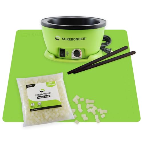 Surebonder Hot Glue Pot Skillet Craft Bundle with a Green Glue Pot Skillet 1 lb of Hot Glue Pellets 2 Non-Stick Stir Sticks and a 19x19 Non-Stick Silicone Protective Mat
