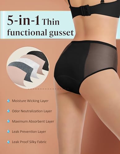 Image of AIRCUTE Washable Women Urine Incontinence Underwear Leak Proof Panties for Postpartum Bladder Leak with 50 ml Absorbency 3 Pack (1 Black-2 Beige, 3XL)