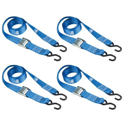 BASI | 4er Set Spanngurte mit Klemmschloss und S-Haken | bis 125 KG | Zurrgurte in blau | Länge 200 cm x Breite 2,5 cm | Befestigungsriemen | TÜV geprüft | Expander mit Schnappverschluss | 4 Stück