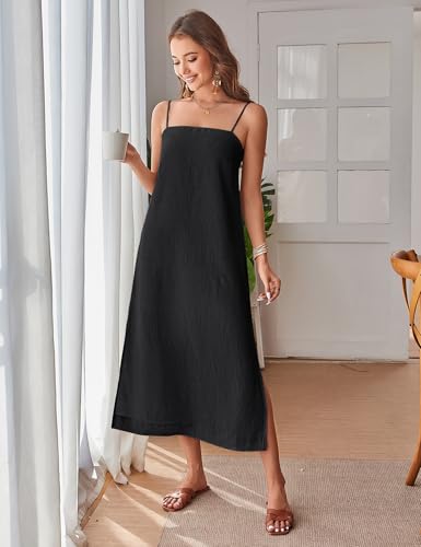 100% Linen Dress Square Neck Sleeveless Spaghetti Strap Summer Casual Midi Summer Dresses with Slit3