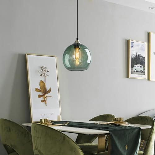 Image of Gray Green Glass Pendant Lights Kitchen Island Lighting Globe Pendant Light Fixtures Modern Pendant Lighting for Kitchen Island Bedroom Living Dining Room Light Fixture(7.87in, 3-Pack)
