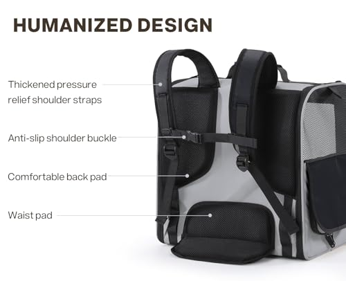 pecute Große Katzen Rucksack Tragetasche für Katzen & kleine Hunde, Belüfteter & robuster Haustier Rucksack für Wandern, Camping, Reisen Leichtes, ergonomisches Design, Grau