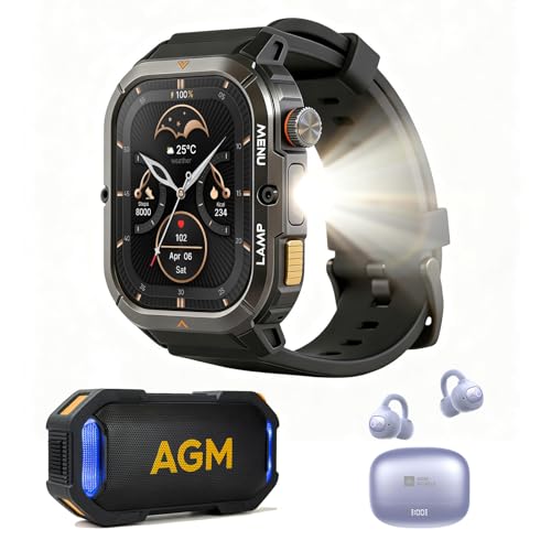AGM L3 Ultra Rugged Smartwatch Outdoor Audio Bundle with Magnetic Portable Speaker & OpenBuds Clip-On Earbuds - Detailed View