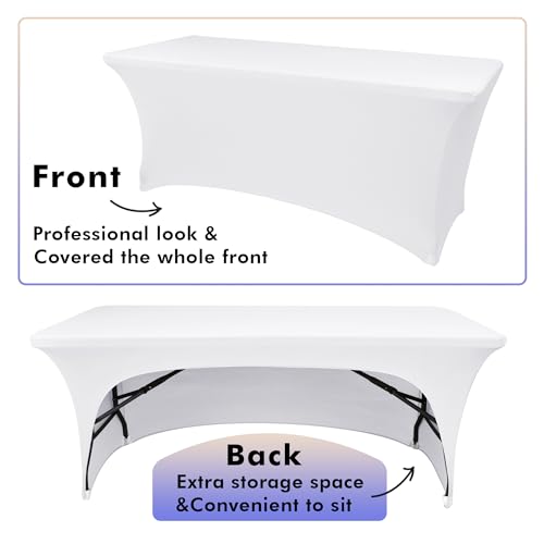 Nasitos 2 Pack White 6 ft Table Cloth Fitted-Open Back Spandex Table Covers Fabric Washable and Wrinkle Resistant Stretch Tablecloth for Parties, Wedding, Banquet, Jewelry Trade Show, Craft Fair