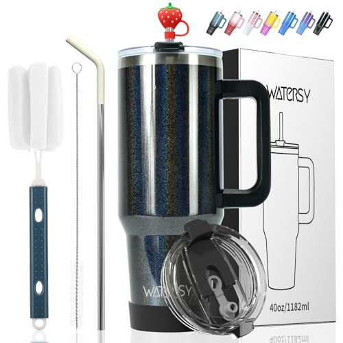 Image of 40 oz Shiny Tumbler with Handle and Straw,Stainless Steel Tumbler with Lid and Straw,Insulated Travel Mug(Cold for 34 Hours),Water Bottle for Iced Tea,Coffee (Black)