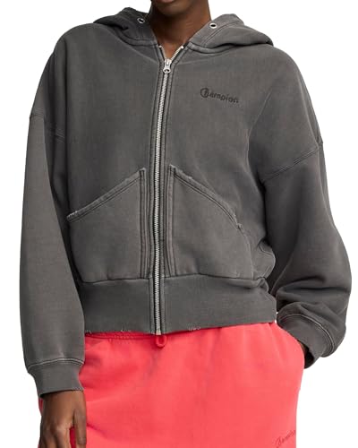 Champion レディース ジップアップパーカー、ヴィンテージウォッシュ、ランニングウーマンCロゴ, ブラック, X-Small