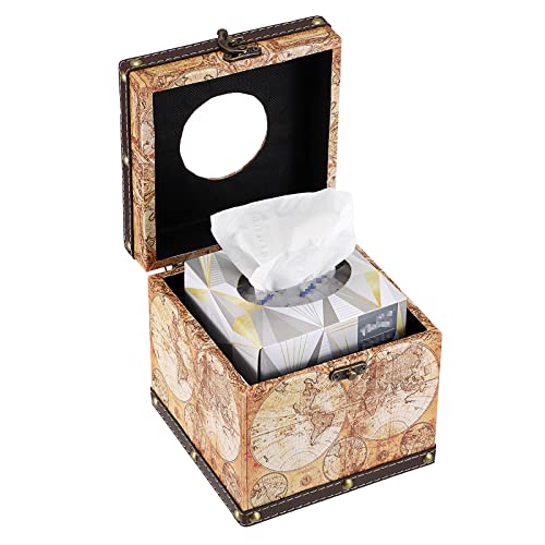 Sumnacon Retro Wood Square Tissue Box Cover - Vintage Cube Tissue Box Holder, Decorative Facial Tissue Holder For Bedroom Bathroom Dresser Night Stand Table Car Store Office Home Decor, Yellow #TOP6
