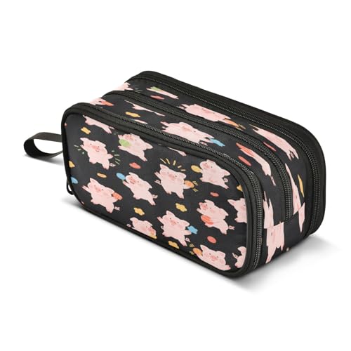 Image of Cute Pig Play Pattern Pencil Case 3 Compartment Pen Bag Pouch Holder Box School Portable Stationery Storage Bag for Girls Boys