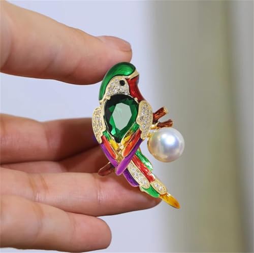 Image of Vintage CZ Shell Pearl Colorful Parrot Brooch Pin for Women Girls Enamel Rhinestone Pearl Animal Bird Brooches Lapel Pins Spring Ornament Dress Accessories Delicacy Jewelry