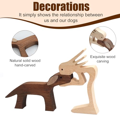 TESSTSY Holzfiguren Skulptur Ornamente Set, Holzschnitzerei von Hunden und Menschen, Abstrakte Stil Menschen mit Hund Statue, Holzschnitzerei für Hunde für Zuhause, Büro, Schlafzimmer (Frau und Hund)
