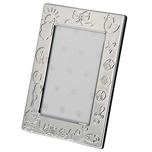 H.Bauer jun. Petit cadre photo carré argenté pour enfant, 9 x 6 cm, avec vitre en verre et motifs enfants