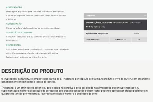 Triptofano 5htp Serotonina 60 Cáps Tryptophan Nutrify 500mg
