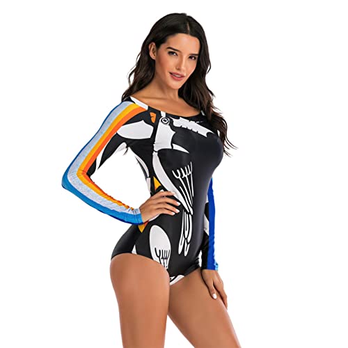 Tomppy Women Long Sleeve Swimsuits Rashguard Shirt Sun Protection Printed Zipper Surf Wetsuit Tops Swimwear Bodysuits Black - Thumbnail 5
