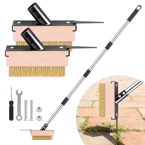 Crack Weeder Tool with 2 Brush Heads,5.1in Extended Metal Crevice Weeding Brush,Weed Moss Remover Tool for Weeding Between Concrete Pavers Decks,Weeding Puller Removal with Long Handle