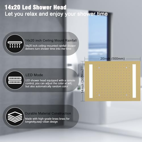 Sistema de grifería con cabezal de ducha dual de lluvia 14x20 pulgadas con LED, apoyo de techo, cabezal de pared de 6 pulgadas y ducha de mano miniatura 3
