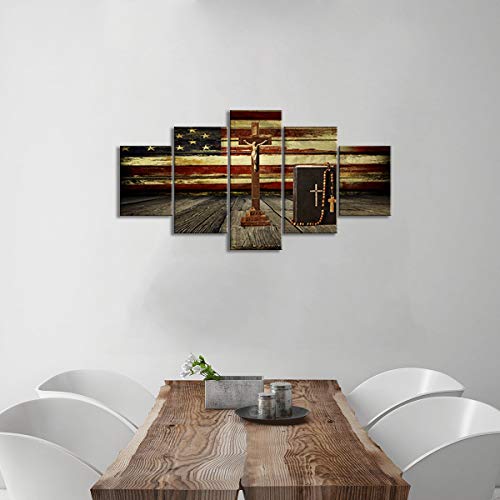 Christian Jesus Cross Canvas Wall Art Vintage Us Usa American Flag Prints Artwork Wall Decor Home Christ Picture For Bedroom Living Room Flag Paintings Posters Framed Ready To Hang (60"Wx32"H, D) #TOP5