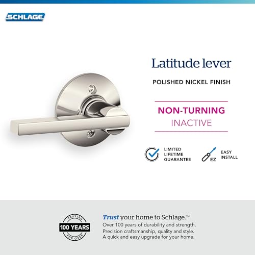 Image of SCHLAGE Latitude Non-Turning Dummy Door Handle, Reversible, Polished Nickel | Non-turning dummy lever door handle with no latch or lock, Decorative pull, One sided, Easy to install, Certified durability