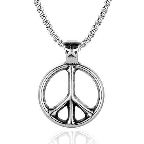 Anti-War Peace Sign Symbol Star Circle Pendant Necklace for Men Women, 24 inch Chain, Stainless Steel