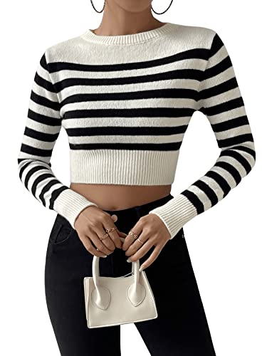 Image of SweatyRocks Women's Striped Ribbed Knit Long Sleeve Round Neck Shirt Slim Fit Pullover Sweater Crop Top Black White L