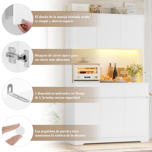 Miniatura 7 de Firfurd Alacena Cocina Grande, Muebles De Cocina, Armario Cocinas Almacenaje, Mueble Almacenaje, Con Iluminacion Led, Regleta, Encimera Para Microondas, 2 Cajones, 6 Puertas, Blanco
