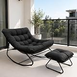 FUOIDYE Schaukelstuhl Schaukelsessel, Schaukelstuhl mit Hocker, Outdoor Lesesessel mit Gepolsterter, Extra Groß Wohnzimmer Relaxstuhl, Belastbarkeit bis 150kg, für Garten Balkon Terrasse (Schwarz)