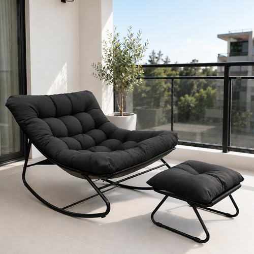 FUOIDYE Fauteuil à Bascule Œuf avec Repose-Pieds - Charge 150kg Chaise a Bascule Surdimensionnée, Rocking Chair Coussin Confortable Utilisation Intérieur/Extérieur pour Salon, Jardin, Balcon (Noir)