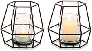 Nuptio Pillar Candle Holder Black Tea Light Candle Holders 2 Pcs Geometric Tealight Holders with Votive Glass Candleholders Metal Candle Stand Table Centerpiece for Halloween Office Home Decor