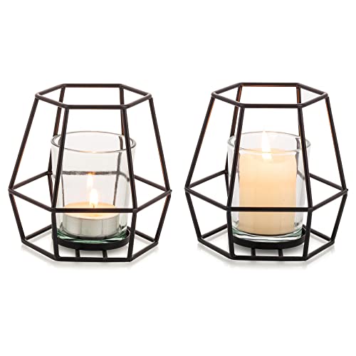 Nuptio Portavelas de Pilar Candelabros de Té Negro Portavelas 2 Piezas Candelabro Geométricos con Portavelas Vidrio Votivo Soporte de Vela Metal Centro de Mesa para Halloween Decoración del Hogar