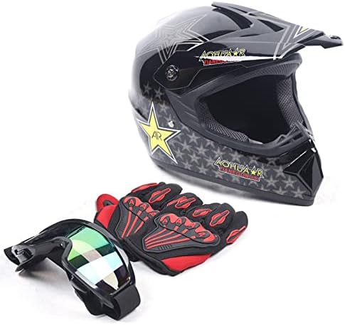 KUMOYOU Motorcycle Full Face Helmet, Motorcross Dirt Bike ATV UTV Off Road MTB Racing Casco, DOT Lightweight Helmets with Goggle Glove for Adults Men (Black M)